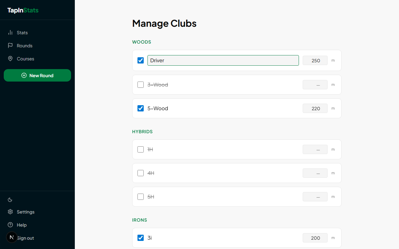 Club editing UI showing carry distance field