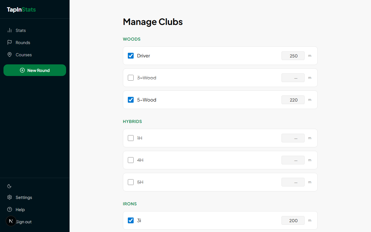 Clubs page showing default club set