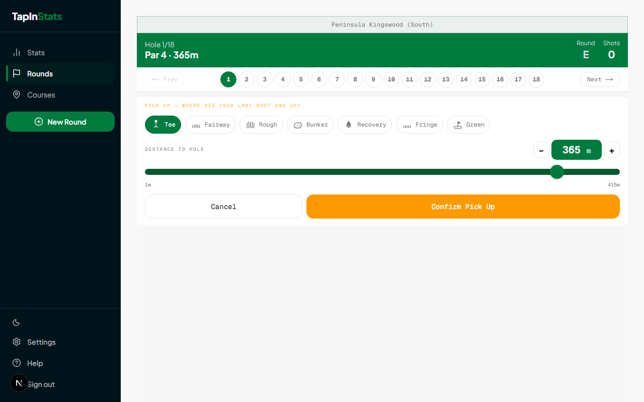 Pick Up prompt asking for lie and distance