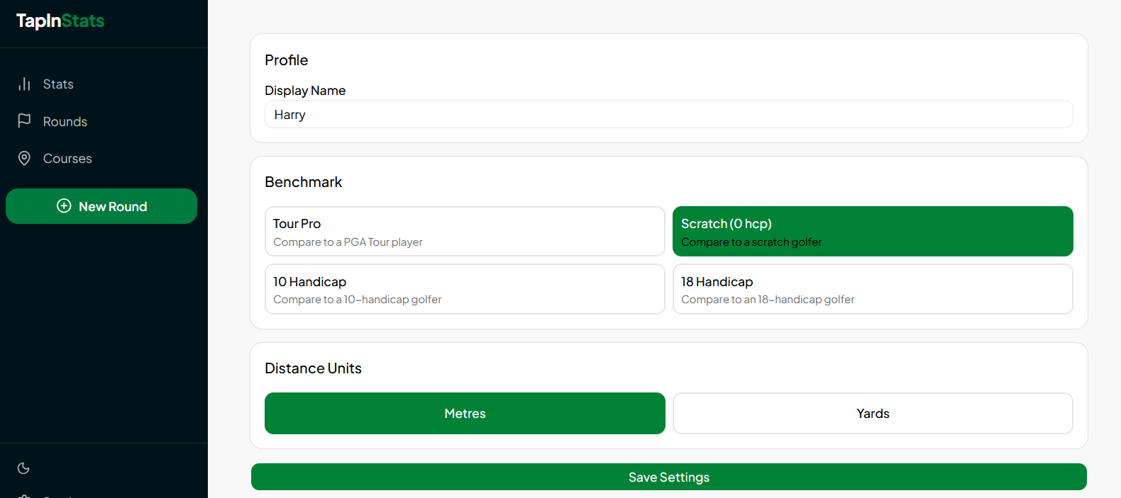 Settings showing display name and unit preference